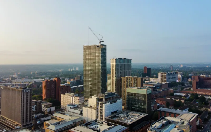 drone shot of a Birmingham city