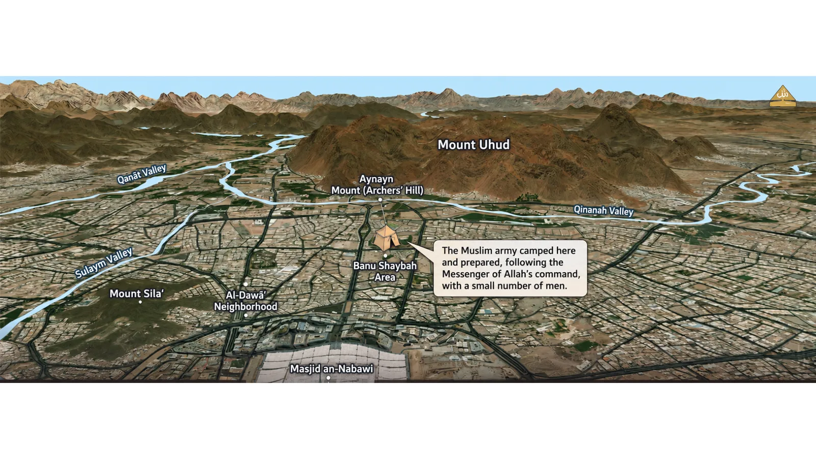 3D aerial map of Madinah showing Mount Uhud, Aynayn Mount (Archers’ Hill), Masjid an Nabawi, and sur